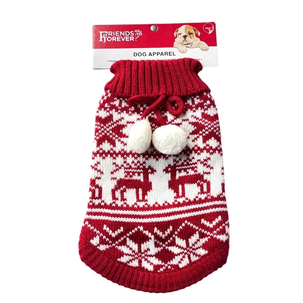 Friends Forever Snowflakes and Reindeers Pet Sweater Red White Size XSmall